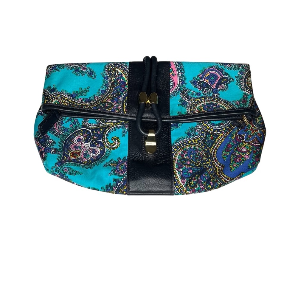 TALBOTS Satin Clutch Envelope Paisley Print Leather Trim OS